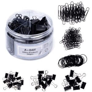a+day 240 pcs binder clips, paper clips, rubber bands, paper clamps assorted size, jumbo paper clips, small paper clips, large binder clips, medium binder clips, small binder clips (black)