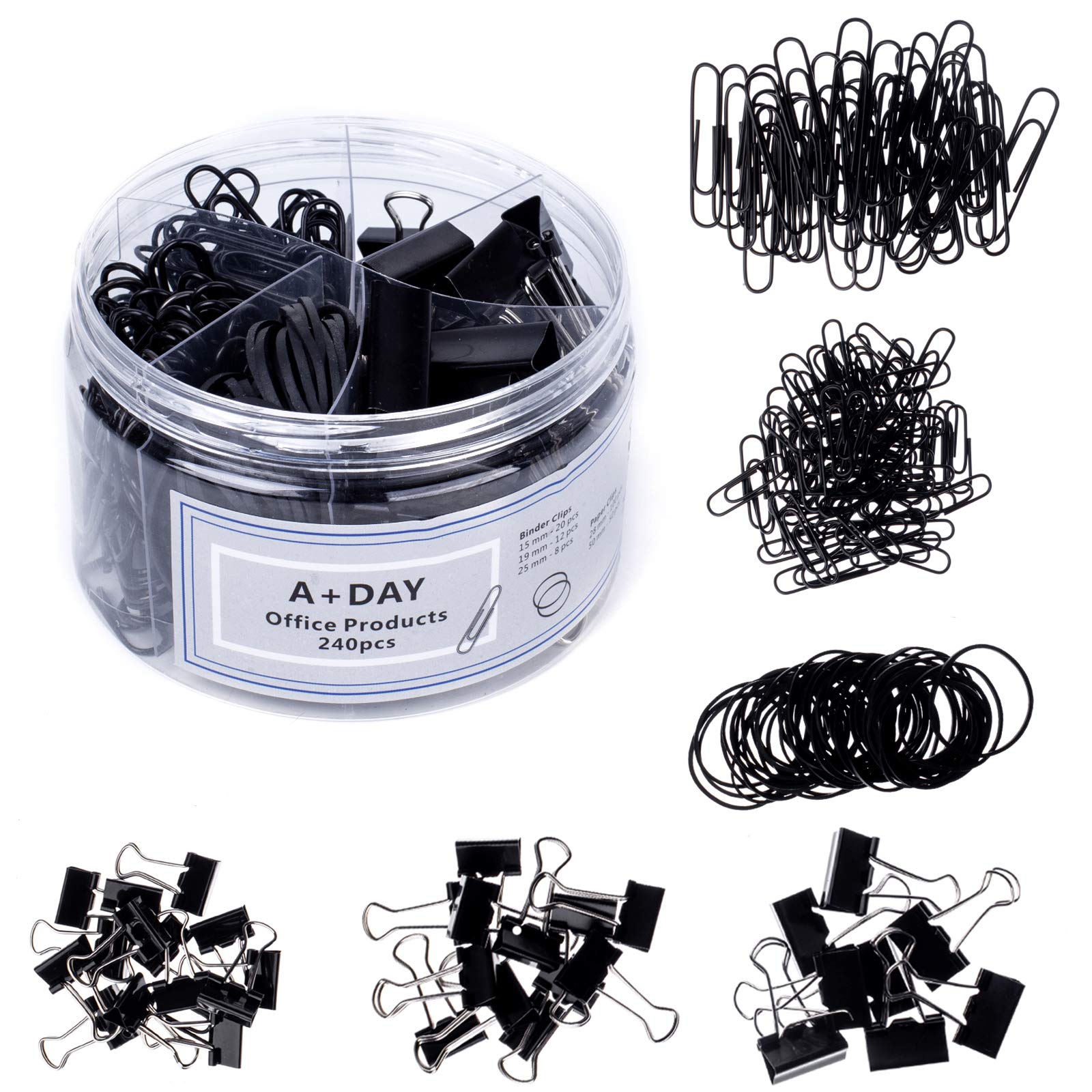 A+DAY 240 pcs Binder Clips, Paper Clips, Rubber Bands, Paper Clamps Assorted Size, Jumbo Paper Clips, Small Paper Clips, Large Binder Clips, Medium Binder Clips, Small Binder Clips (Black)