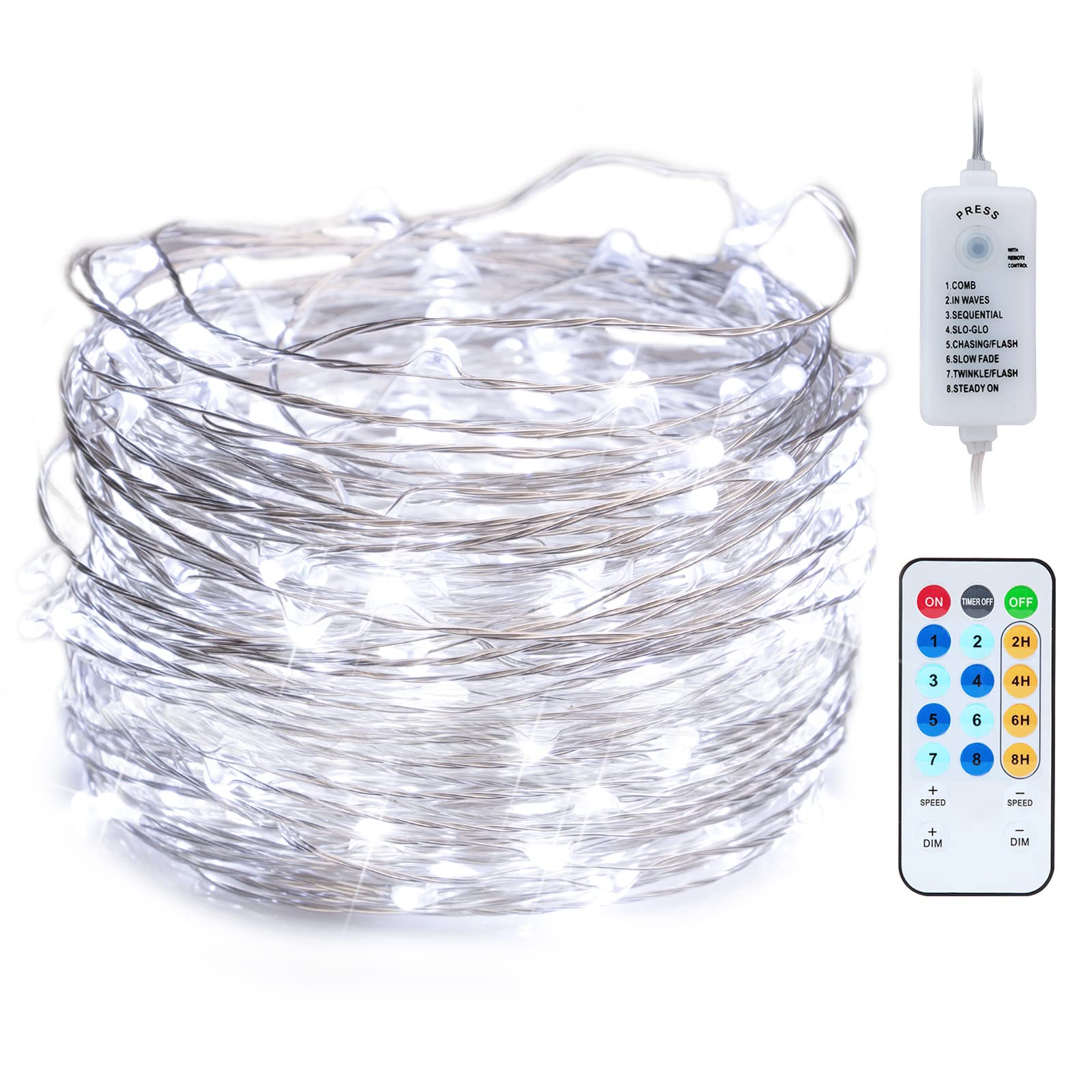 USB Fairy String Lights, 66FT 200LED Firefly String Lights, 8 Lighting Modes Twinkle Lights for Bedroom Halloween Christmas Tree Wreath Party Wedding Baby Shower Decoration, Pure White