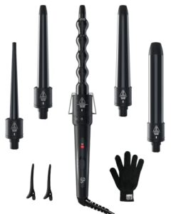 5 in 1 curling wand set: ohuhu curling iron wand 5pcs 0.35 to 1.25 inch interchangeable ceramic barrel heat protective glove 2 clips dual voltage hair curler for girls women mother gift black