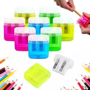 fortomorrow manual pencil sharpener bulk - 24 pack small colored handheld dual hole pencil sharpeners with lid for kids, school classroom
