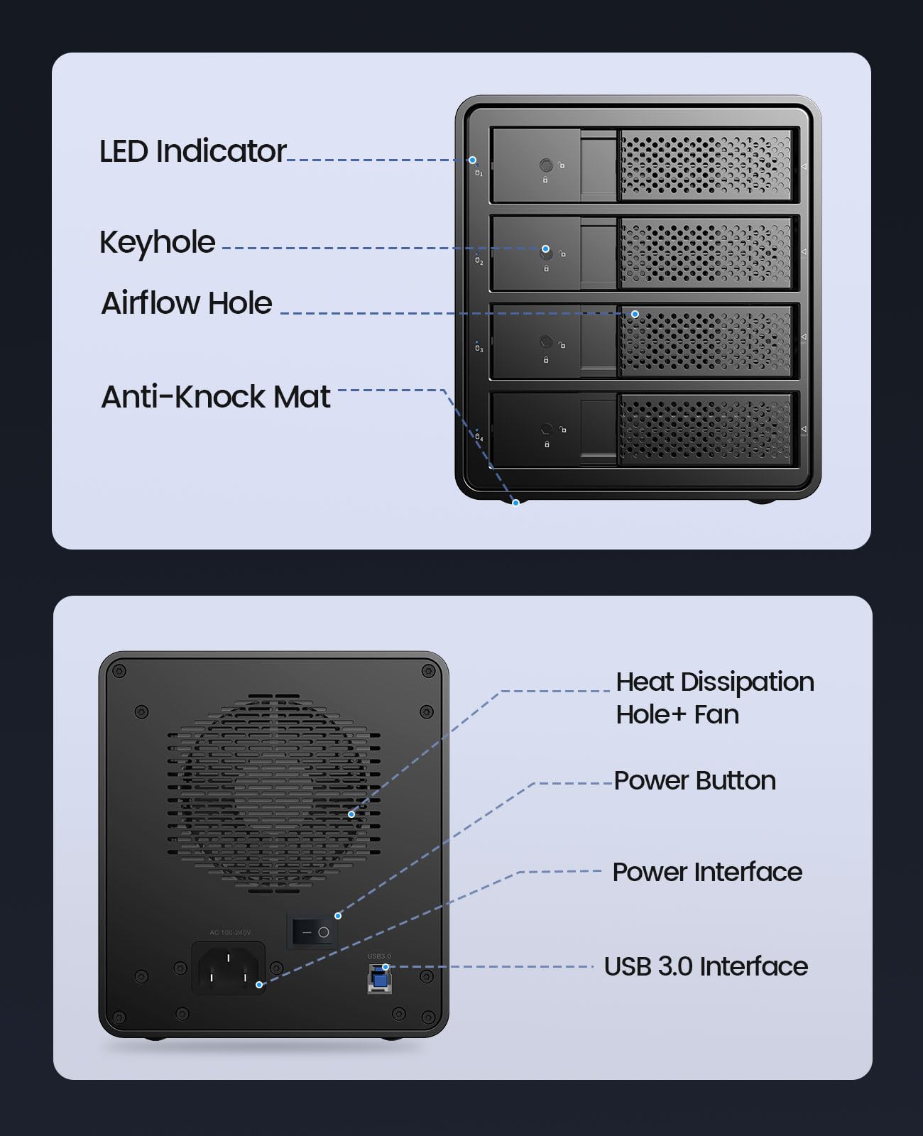 ORICO 4 Bay Hard Drive Enclosure Aluminum USB3.0 with Hard Drive Tray-Less Design, Build-in 80mm Cooling Fan and 150W Power Supply Max Up to 64TB, Designed with Safety Lock-9548