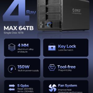 ORICO 4 Bay Hard Drive Enclosure Aluminum USB3.0 with Hard Drive Tray-Less Design, Build-in 80mm Cooling Fan and 150W Power Supply Max Up to 64TB, Designed with Safety Lock-9548