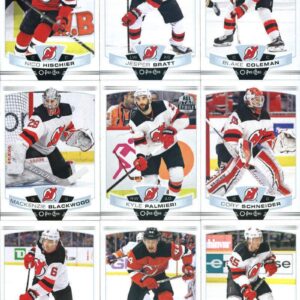 2019-20 O-Pee-Chee Hockey New Jersey Devils Team Set (Made by Upper Deck) of 14 Cards: Nico Hischier(#2), Jesper Bratt(#27), Blake Coleman(#33), Mackenzie Blackwood(#99), Kyle Palmieri(#188), Cory Schneider(#193), Andy Greene(#204), Miles Wood(#257), Sami