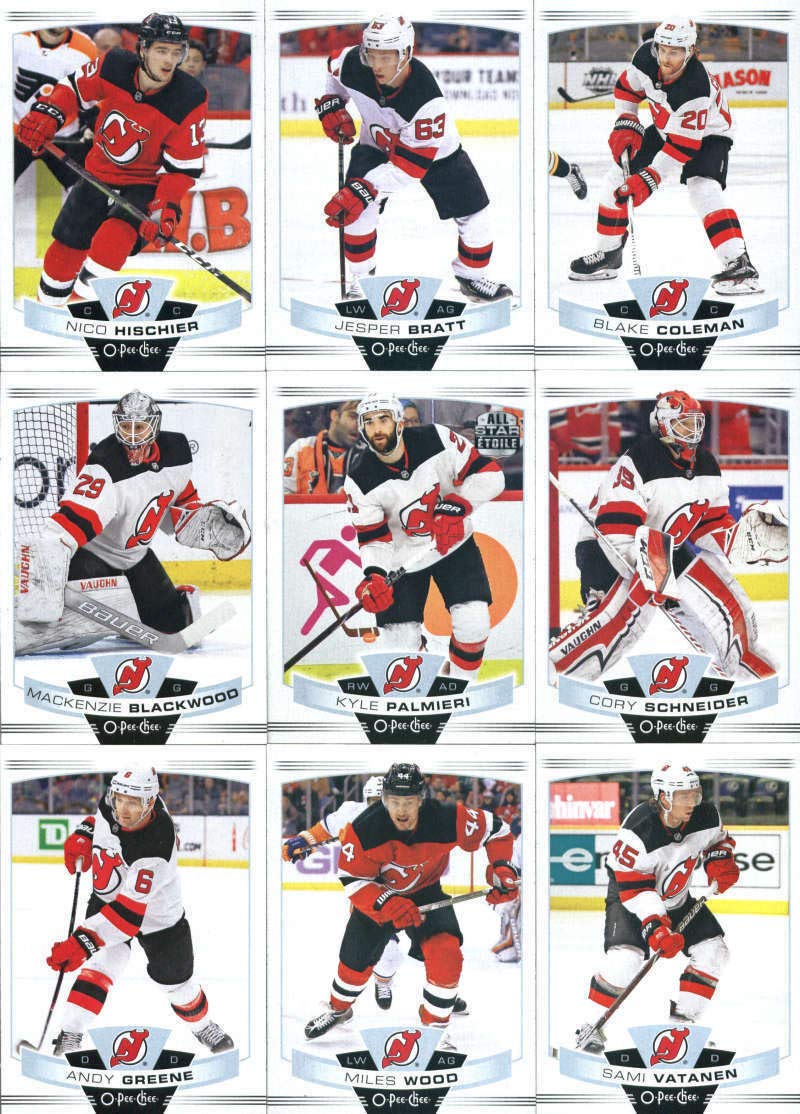 2019-20 O-Pee-Chee Hockey New Jersey Devils Team Set (Made by Upper Deck) of 14 Cards: Nico Hischier(#2), Jesper Bratt(#27), Blake Coleman(#33), Mackenzie Blackwood(#99), Kyle Palmieri(#188), Cory Schneider(#193), Andy Greene(#204), Miles Wood(#257), Sami