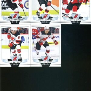 2019-20 O-Pee-Chee Hockey New Jersey Devils Team Set (Made by Upper Deck) of 14 Cards: Nico Hischier(#2), Jesper Bratt(#27), Blake Coleman(#33), Mackenzie Blackwood(#99), Kyle Palmieri(#188), Cory Schneider(#193), Andy Greene(#204), Miles Wood(#257), Sami