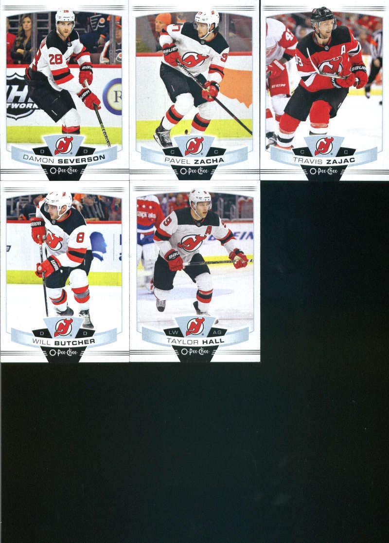 2019-20 O-Pee-Chee Hockey New Jersey Devils Team Set (Made by Upper Deck) of 14 Cards: Nico Hischier(#2), Jesper Bratt(#27), Blake Coleman(#33), Mackenzie Blackwood(#99), Kyle Palmieri(#188), Cory Schneider(#193), Andy Greene(#204), Miles Wood(#257), Sami