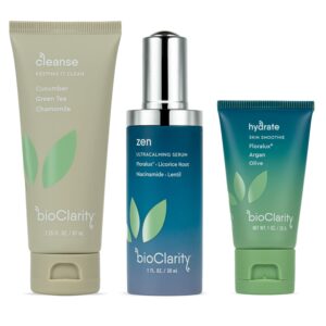 bioclarity 3-step ultra calming routine for redness-prone skin | 100% vegan | gentle clean and hydrate face | contains cucuber, green tea, chamomile, floralux, vitamin b3, lentil, argan, olive