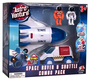 astro venture space shuttle toy with 2 astronauts, mechanical arm and rover - lights up with blast off sound effects - rover compartments open with the push of a button - fun space toys for kids