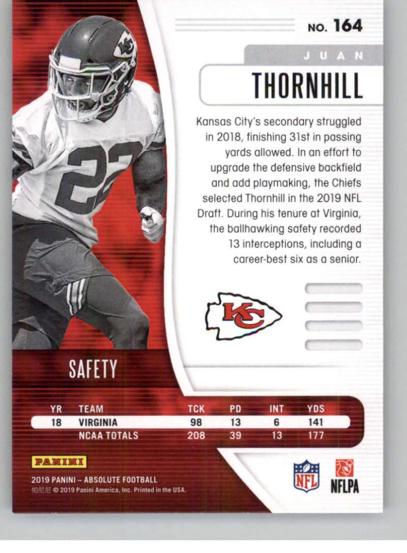 2019 Absolute #164 Juan Thornhill RC Rookie Kansas City Chiefs NFL Football Trading Card