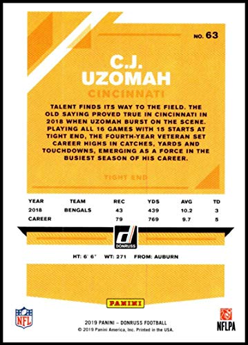 2019 Donruss #63 C.J. Uzomah Cincinnati Bengals NFL Football Trading Card