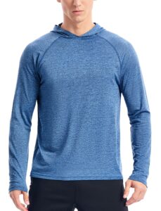 hooded shirts for men long sleeve workout hoodie lightweight athletic gym running hoodies pullover shirt dry fit(32-blue heather,l)