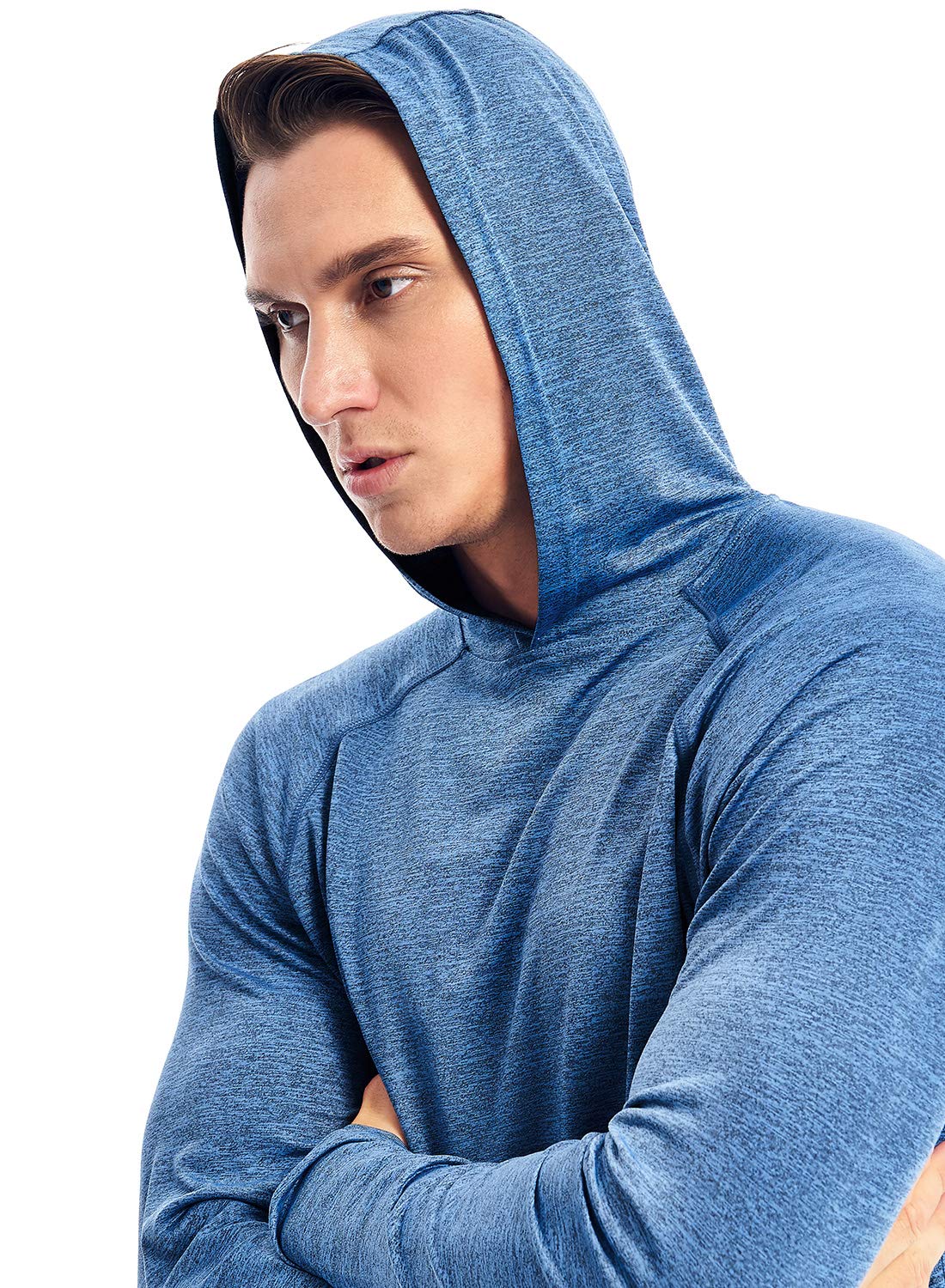 Hooded Shirts for Men Long Sleeve Workout Hoodie Lightweight Athletic Gym Running Hoodies Pullover Shirt Dry Fit(32-Blue Heather,L)