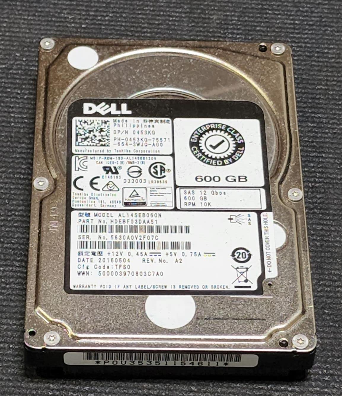 Toshiba 600GB HDD 10K RPM 2.5" 12Gb/s SAS Hard Disk Drive Model: AL14SEB060N DP/N: 453KG