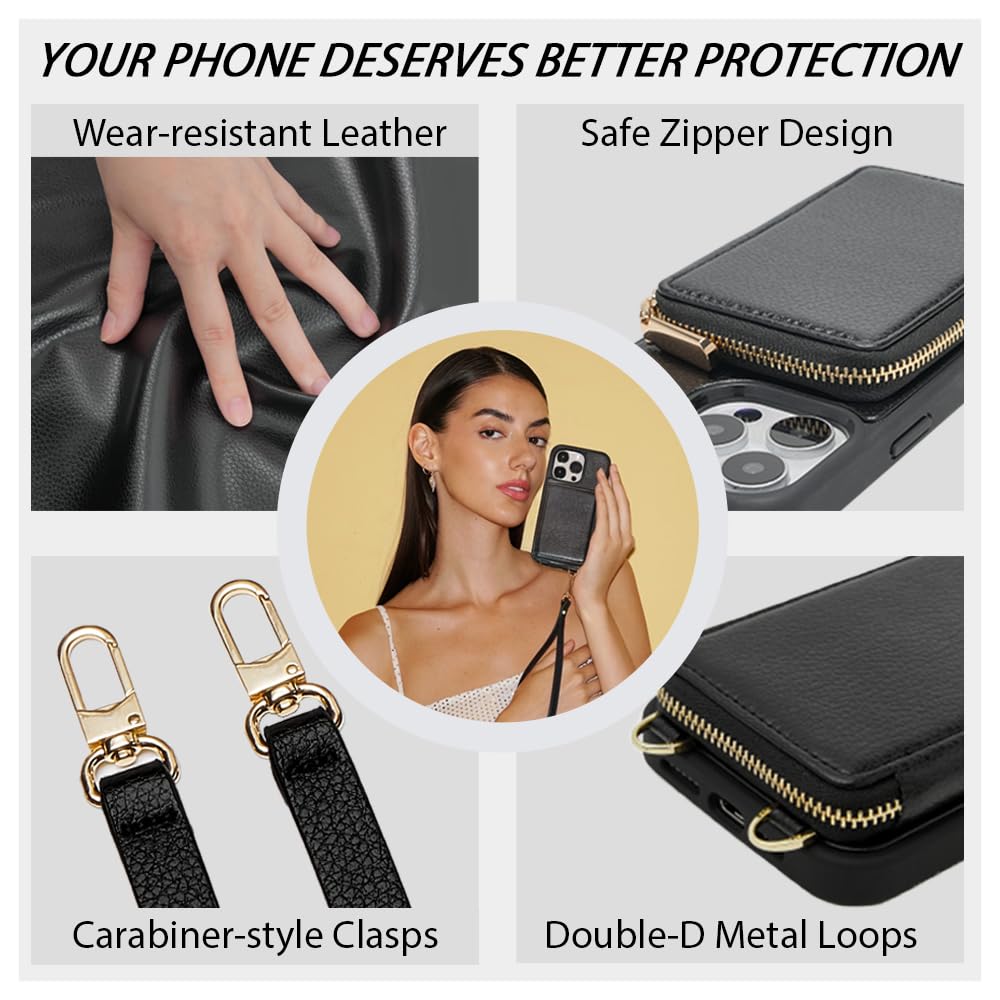 ZVE for iPhone 11 Pro Max Wallet Case with Card Holder, Phone Case with Crossbody Wrist Strap, Zipper Leather RFID Blocking Purse Cover for Apple iPhone 11 Pro Max 6.5 inch 2019 - Black