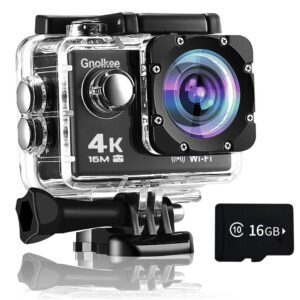 gnolkee wifi action camera, 4k 16mp underwater camera, 170 wide-angle sports camera with remote control, 2 batteries, 32gb tf card, 24 accessory installation kit [2024 upgrade]