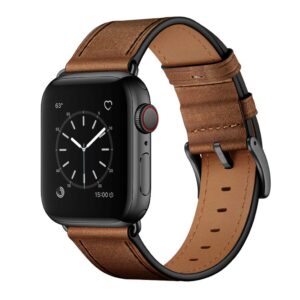 ouheng compatible with apple watch band 41mm 40mm 38mm, genuine leather band replacement strap compatible with apple watch series 9/8/7/6/5/4/3/2/1/se2/se, retro camel brown band with black adapter