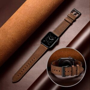 OUHENG Compatible with Apple Watch Band 41mm 40mm 38mm, Genuine Leather Band Replacement Strap Compatible with Apple Watch Series 9/8/7/6/5/4/3/2/1/SE2/SE, Retro Camel Brown Band with Black Adapter