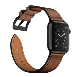 OUHENG Compatible with Apple Watch Band 41mm 40mm 38mm, Genuine Leather Band Replacement Strap Compatible with Apple Watch Series 9/8/7/6/5/4/3/2/1/SE2/SE, Retro Camel Brown Band with Black Adapter