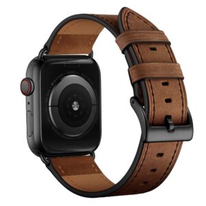 OUHENG Compatible with Apple Watch Band 41mm 40mm 38mm, Genuine Leather Band Replacement Strap Compatible with Apple Watch Series 9/8/7/6/5/4/3/2/1/SE2/SE, Retro Camel Brown Band with Black Adapter