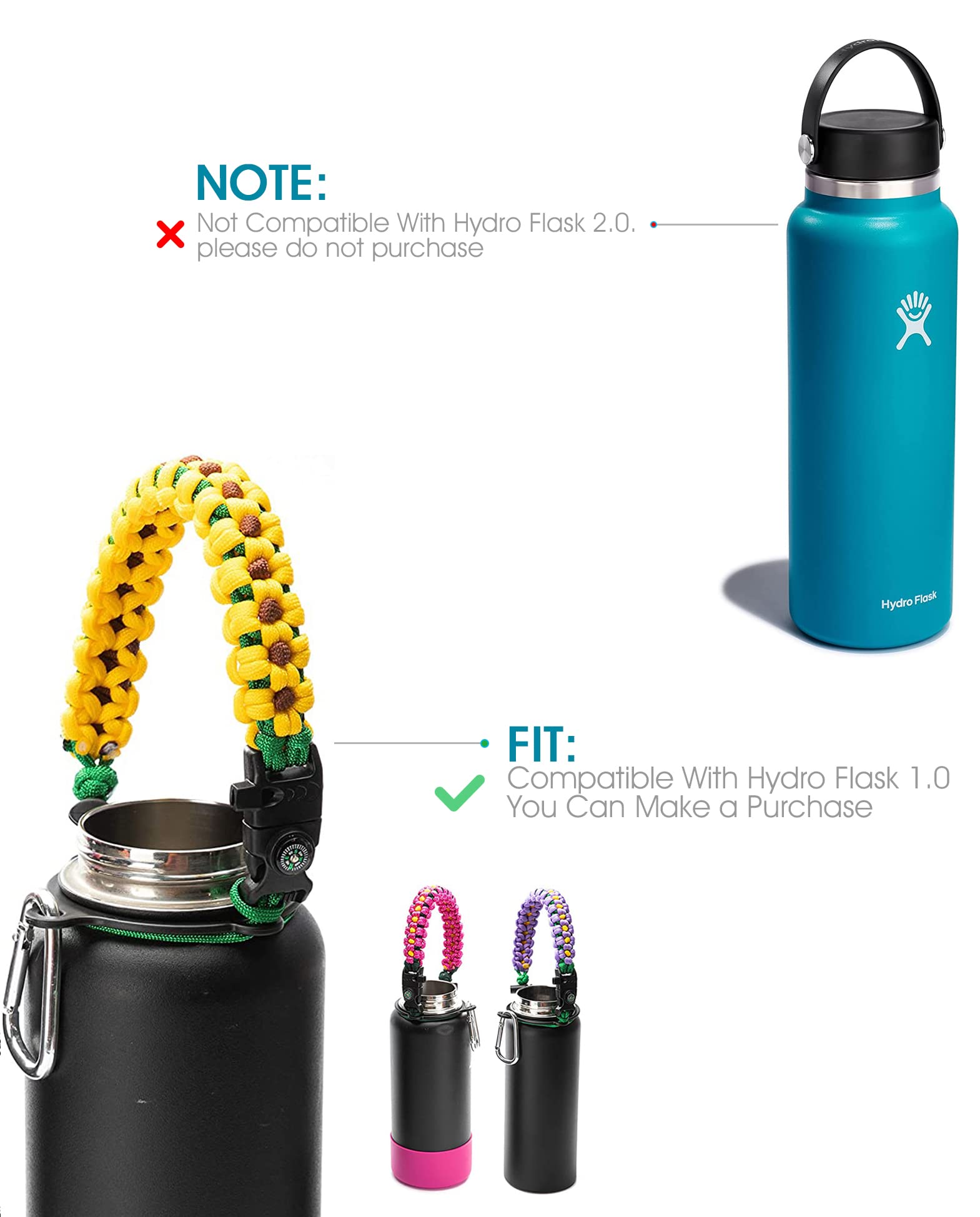 ALIENSX #1 Paracord Handle - Fits Wide Mouth Water Bottles 12oz - 64oz, Durable Carrier Survival Strap Cord with Safety Ring and Carabiner - Ideal Water Bottle Handle Strap