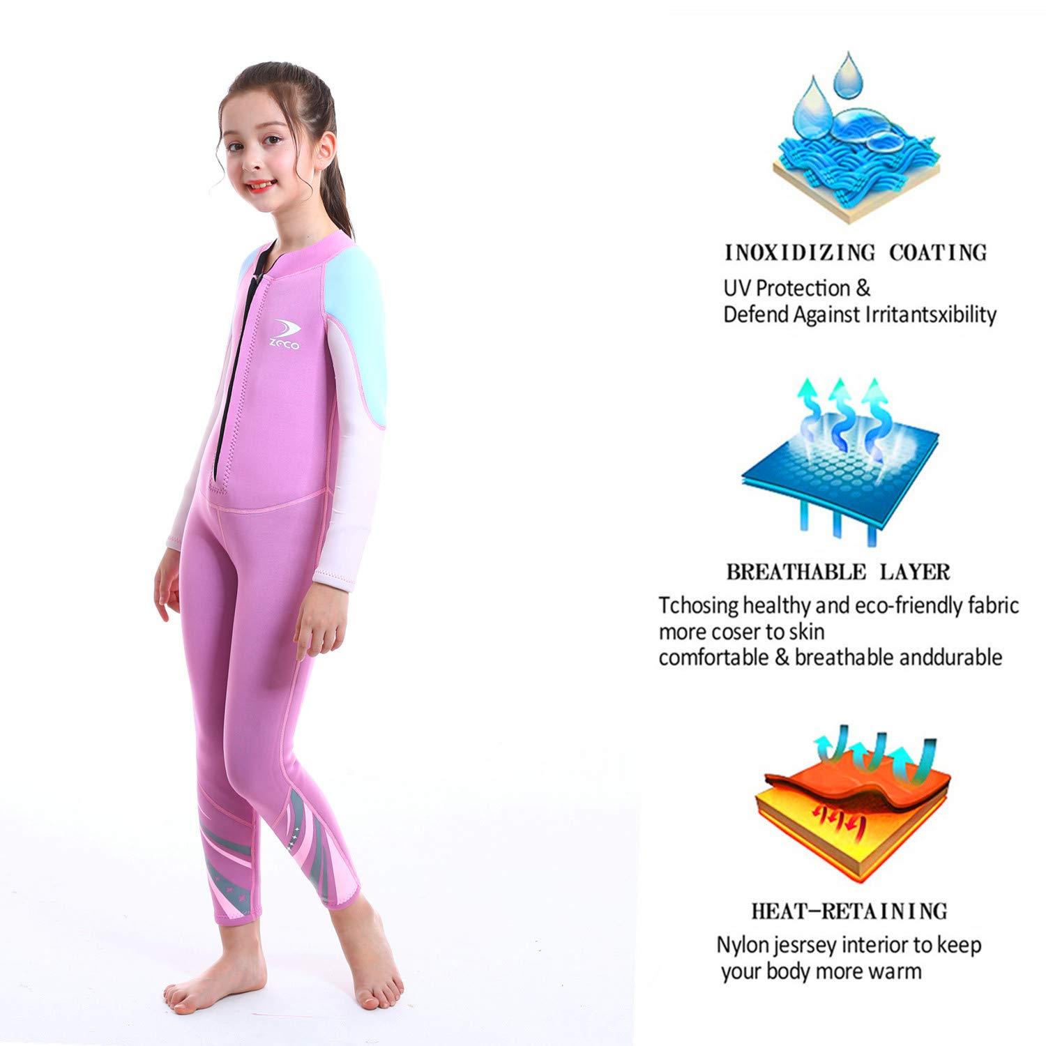 ZCCO Kids Wetsuit,2.5mm Neoprene Thermal Swimsuit Wet Suits for Girls,Youth Girl's One Piece Wet Suits Warmth Long Sleeve Swimsuit for Diving,Swimming,Surfing etc Water Sports (Pink, S)