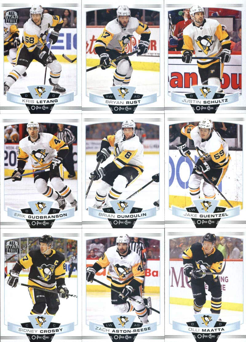 2019-20 O-Pee-Chee Hockey Pittsburgh Penguins Team Set of 17 Cards: Kris Letang(#15), Bryan Rust(#19), Justin Schultz(#60), Erik Gudbranson(#85), Brian Dumoulin(#104), Jake Guentzel(#112), Sidney Crosby(#155), Zach Aston-Reese(#167), Olli Maatta(#181), Ev