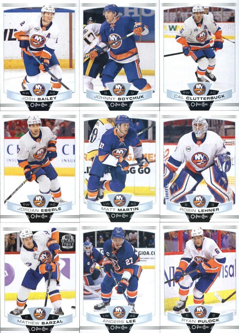 2019-20 O-Pee-Chee Hockey New York Islanders Team Set of 17 Cards: Josh Bailey(#18), Johnny Boychuk(#59), Cal Clutterbuck(#70), Jordan Eberle(#84), Matt Martin(#92), Robin Lehner(#106), Mathew Barzal(#109), Anders Lee(#117), Ryan Pulock(#187), Brock Nelso