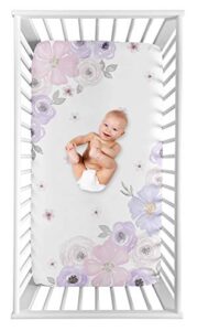 sweet jojo designs shabby chic floral girl fitted crib sheet baby or toddler bed nursery photo op - lavender purple, pink and grey watercolor rose flower