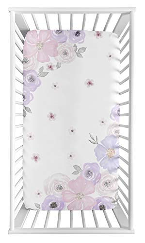 Sweet Jojo Designs Shabby Chic Floral Girl Fitted Crib Sheet Baby or Toddler Bed Nursery Photo Op - Lavender Purple, Pink and Grey Watercolor Rose Flower