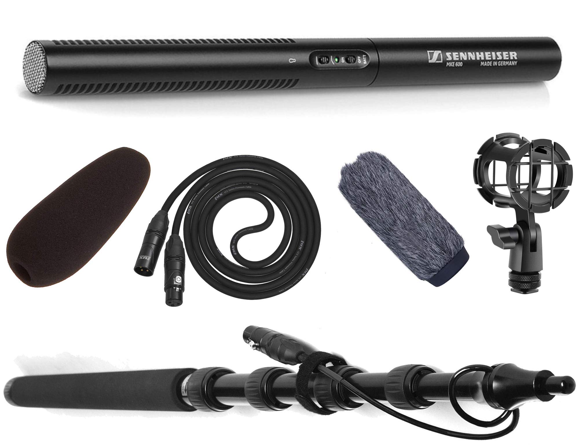 Sennheiser MKE 600 Video, Cinema and Broadcasting Shotgun Microphone Complete Kit with LyxPro Boompole, Shockmount, Windscreen Bundle