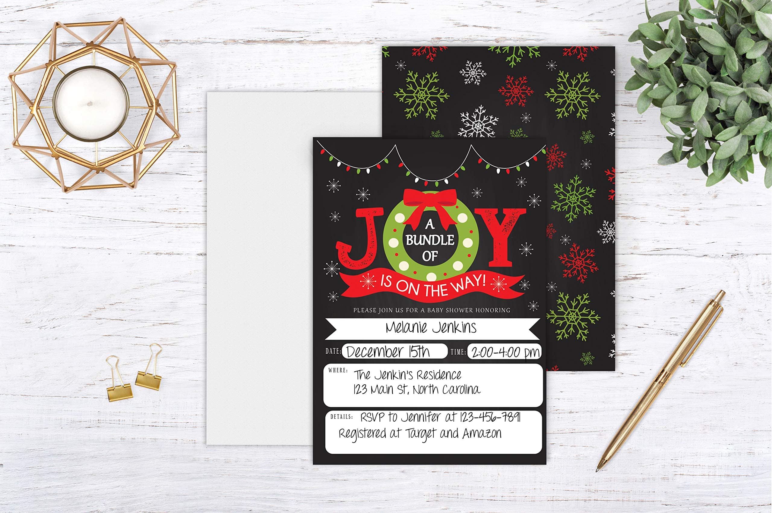 Your Main Event Prints Christmas Baby Shower Invitation, Bundle of Joy Holiday Baby Shower Announcement Invite, 20 Fill in Invitations and Envelopes