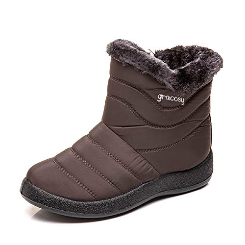 gracosy Snow Boots for Women, Warm Ankle Bootie Waterproof Outdoor Snow Anit-Slip Boots Slip On Lined Winter Shoes for Ladies Brown 11