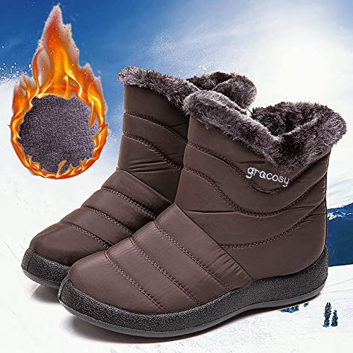 gracosy Snow Boots for Women, Warm Ankle Bootie Waterproof Outdoor Snow Anit-Slip Boots Slip On Lined Winter Shoes for Ladies Brown 11