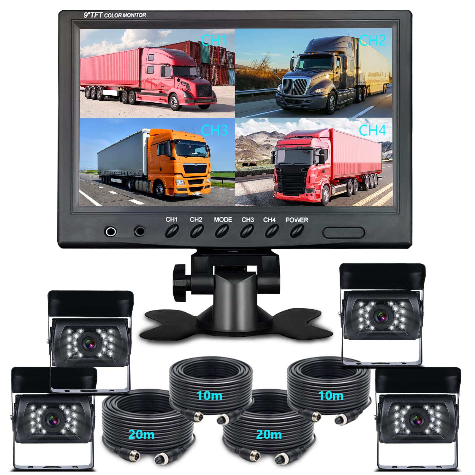 Backup Camera Hard Wired Backup Camera 9'' Quad Split Screen HD Rear Backup Camera Monitor System, Waterproof IR Night Vision Backup Camera for Trucks,Trailer Heavy,Box,RV,Camper Bus Rearview Camera