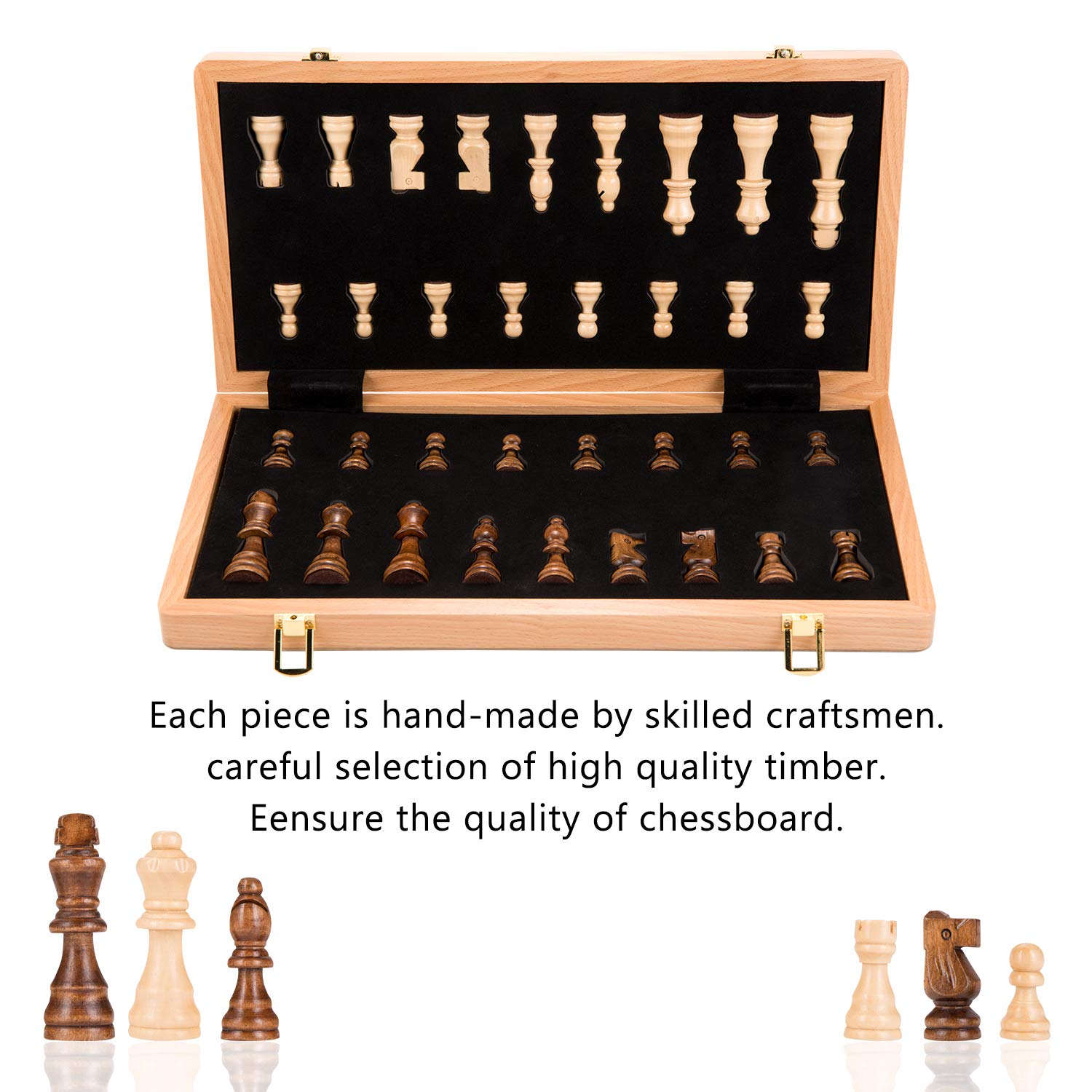 AMEROUS Magnetic Wooden Chess Set, 15 Inches Handmade Wooden Folding Travel Chess Board Game Sets with Chessmen Storage Slots for Kids and Adults, 2 Bonus Extra Queens, Gift Box Packed