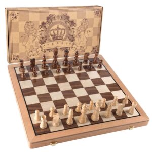 AMEROUS Magnetic Wooden Chess Set, 15 Inches Handmade Wooden Folding Travel Chess Board Game Sets with Chessmen Storage Slots for Kids and Adults, 2 Bonus Extra Queens, Gift Box Packed