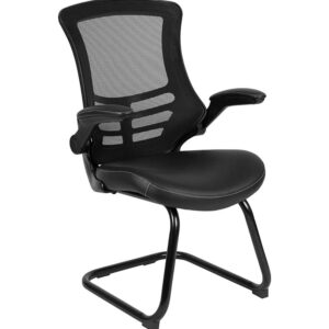 Flash Furniture Kelista Black Mesh Sled Base Side Reception Chair with White Stitched LeatherSoft Seat and Flip-Up Arms