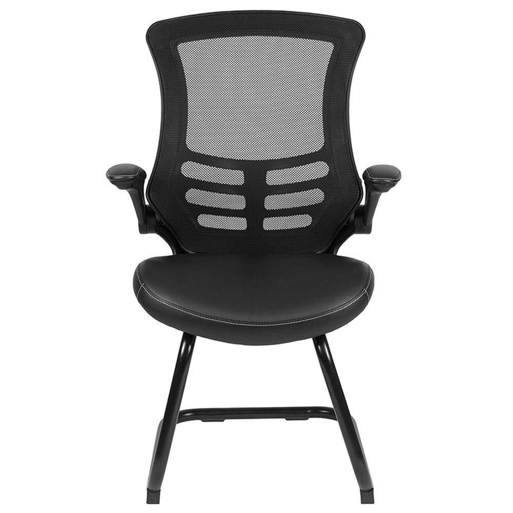 Flash Furniture Kelista Black Mesh Sled Base Side Reception Chair with White Stitched LeatherSoft Seat and Flip-Up Arms