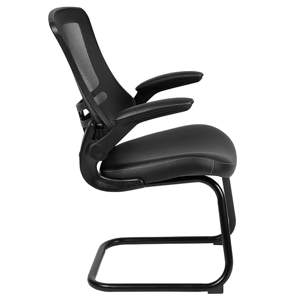 Flash Furniture Kelista Black Mesh Sled Base Side Reception Chair with White Stitched LeatherSoft Seat and Flip-Up Arms