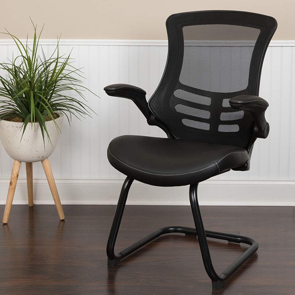 Flash Furniture Kelista Black Mesh Sled Base Side Reception Chair with White Stitched LeatherSoft Seat and Flip-Up Arms