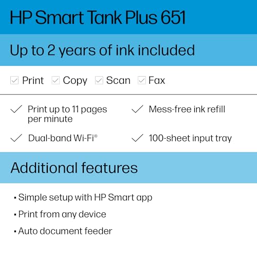 HP Smart -Tank Plus 651 Wireless All-in-One Ink -Tank Printer, up to 2 Years of Ink in Bottles, Auto Document Feeder, Mobile Print, Scan, Copy, Works with Alexa (7XV38A)