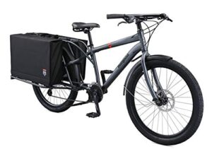 mongoose envoy cargo bike with 26-inch wheels in grey, medium/large frame, with 8-speeds, shimano drivetrain, aluminum cargo frame, internal cable routing, mechanical disc brakes, and center kickstand