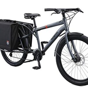 Mongoose Envoy Cargo Bike with 26-Inch Wheels in Grey, Medium/Large Frame, with 8-Speeds, Shimano Drivetrain, Aluminum Cargo Frame, Internal Cable Routing, Mechanical Disc Brakes, and Center Kickstand