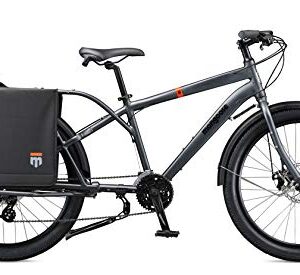 Mongoose Envoy Cargo Bike with 26-Inch Wheels in Grey, Medium/Large Frame, with 8-Speeds, Shimano Drivetrain, Aluminum Cargo Frame, Internal Cable Routing, Mechanical Disc Brakes, and Center Kickstand