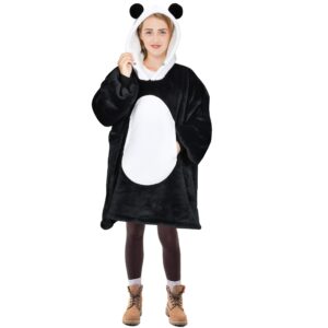 solaris panda wearable blanket hoodie for kids - warm soft gift, oversized cozy sherpa fleece sweatshirt pullover for teens, girls, boys, large pocket