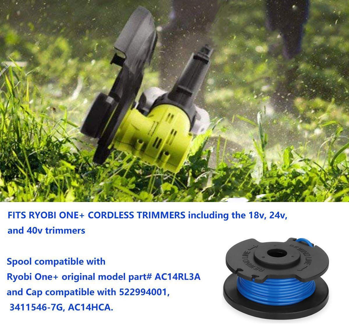 AC14RL3A String Trimmer for Ryobi 18V 24V 40V Replacement Spool Line 0.065”,Weed Eater String Autofeed 522994001 Cap, Cordless Trimmer Line 11ft, 10 Spools + 2 Caps