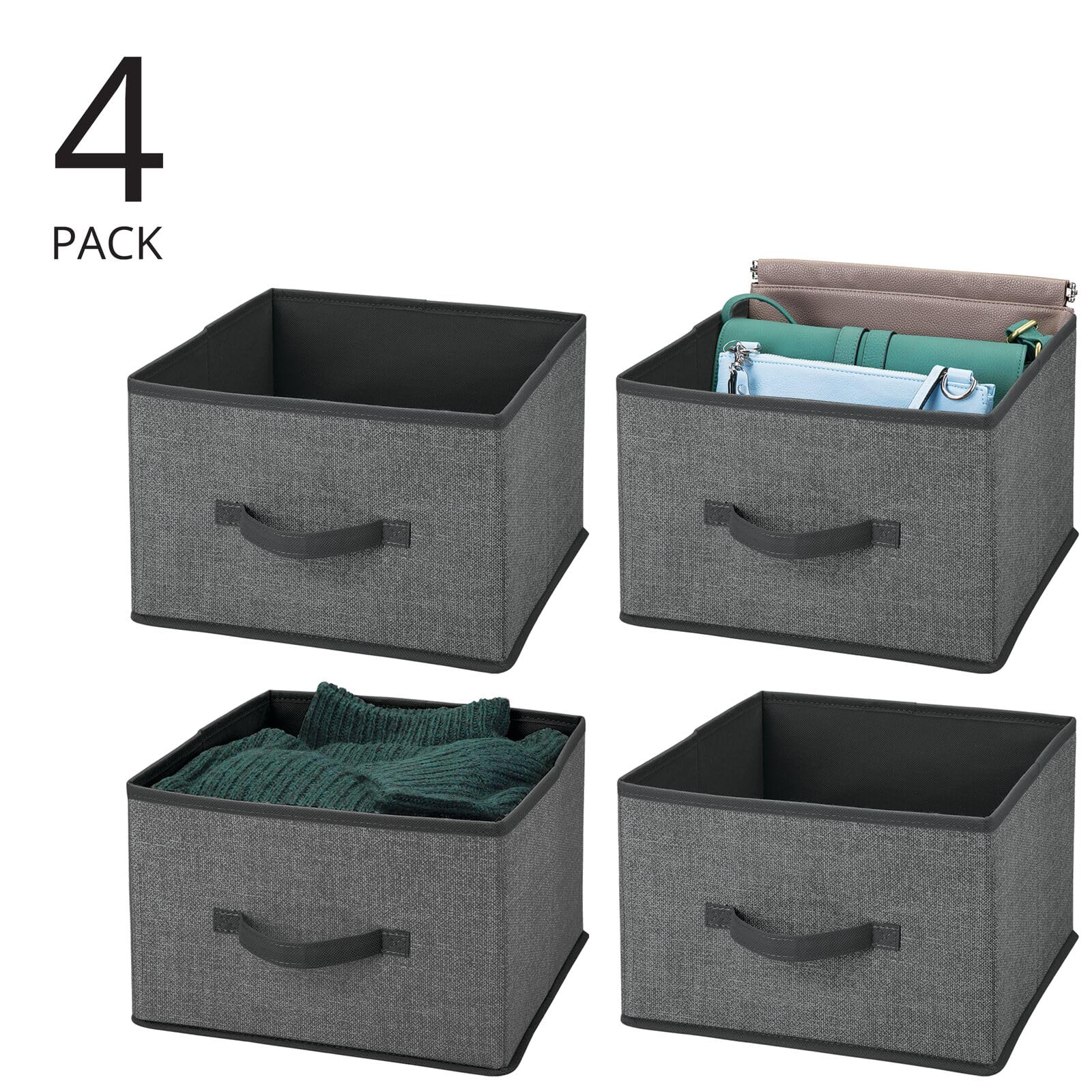 mDesign Fabric Bin for Cube Organizer - Foldable Cloth Storage Cube - Collapsible Closet Storage Organizer - Folding Storage Bin for Clothes and More - Lido Collection - 4 Pack - Charcoal Gray/Black