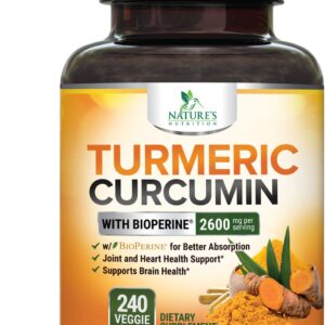 Turmeric Curcumin Supplement with BioPerine 95% Curcuminoids 2600mg with Black Pepper for Best Absorption, Bottled in USA, Best Natural Vegan Joint Support, Nature's Tumeric Capsules - 240 Capsules