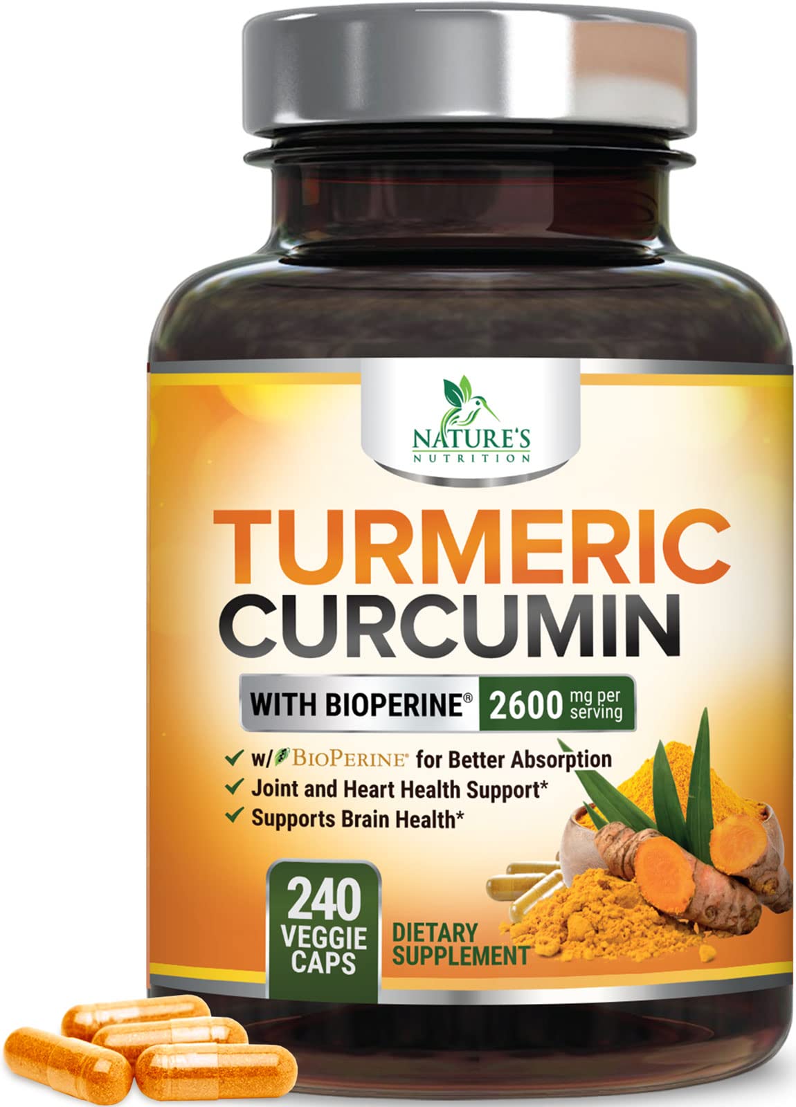 Turmeric Curcumin Supplement with BioPerine 95% Curcuminoids 2600mg with Black Pepper for Best Absorption, Bottled in USA, Best Natural Vegan Joint Support, Nature's Tumeric Capsules - 240 Capsules